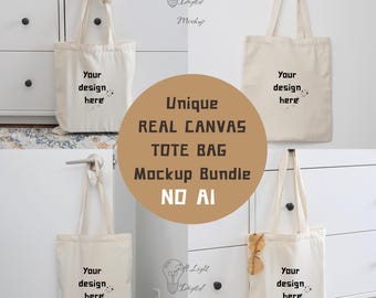 Paquete de maquetas de bolsos de lona auténtica, maqueta de bolso colgante sin IA, maqueta de bolso de algodón natural, bolso minimalista estético de luz suave.