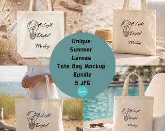 Beach Tote Bag Mockup Bundle, Model Tote Bag Mockup, Summer Lifestyle Mockup, POD Canvas Bag Template, Vacation Aesthetic Mockup