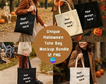 Paquete de maquetas de bolsos de Halloween, maquetas de bolsos de otoño, más de 12 imágenes PNG editables en Canva, paquete de maquetas de Halloween, conjunto de maquetas digitales