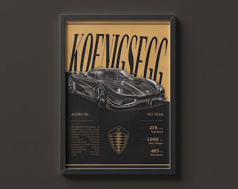 Koenigsegg Agera RS Car Poster, Black and Gold Aesthetic