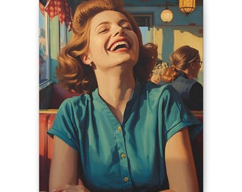 May include: Canvas print of a woman laughing in a diner. She wears a teal blue short-sleeved shirt. The background shows a red booth, other patrons, and vintage lighting. The woman has auburn hair and is looking up.