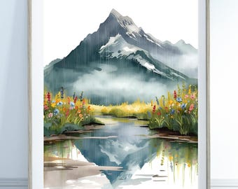Montaña bajo la lluvia, impresión digital, arte mural, obra de arte relajante para dormitorios y el hogar