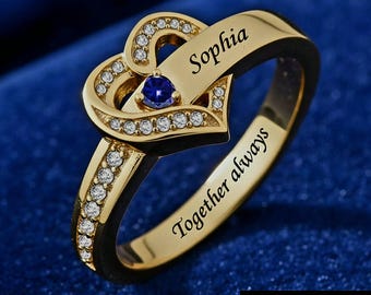 Bague personnalisée femme avec nom gravé et pierre de naissance, bague cœur personnalisée, cadeau unique