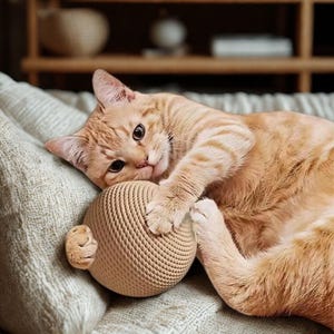 May include: An orange tabby cat is lying on a light gray cushion, playing with a beige woven ball. The cat is looking directly at the camera. The ball has a small, rounded appendage.