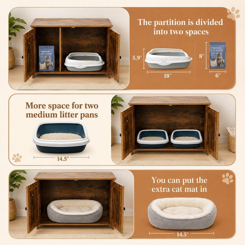 Wooden Cat Litter Box Enclosure | Hidden Pet Furniture Cabinet, Side Table Organizer image 5