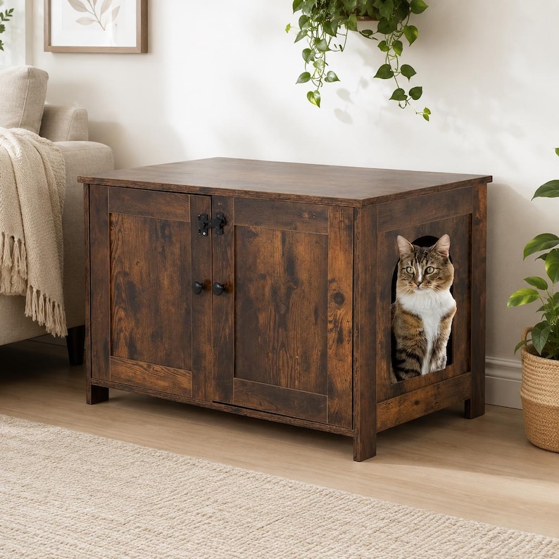 Wooden Cat Litter Box Enclosure | Hidden Pet Furniture Cabinet, Side Table Organizer image 3