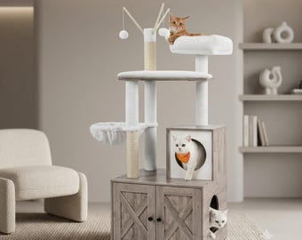 Árbol para gatos con arenero integrado / Torre moderna para gatos con arenero oculto / Muebles para gatos de interior