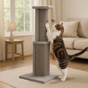 May include: A gray cat scratching post with a square base, two vertical columns featuring ribbed fabric, and a plush top platform. A small gray ball toy hangs from a string attached to the top, which a brown and white tabby cat is batting at.