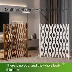 May include: Two multifunctional retractable fences, one in a natural wood finish and one in white, featuring a crisscross lattice design with vertical end supports and horizontal base feet. The text reads Multifunctional retractable fence.