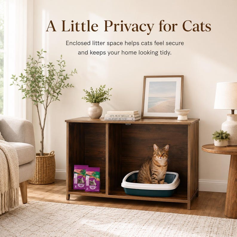 Wooden Cat Litter Box Enclosure | Hidden Pet Furniture Cabinet, Side Table Organizer image 4