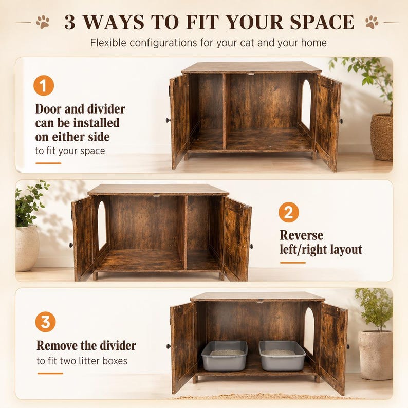 Wooden Cat Litter Box Enclosure | Hidden Pet Furniture Cabinet, Side Table Organizer image 6