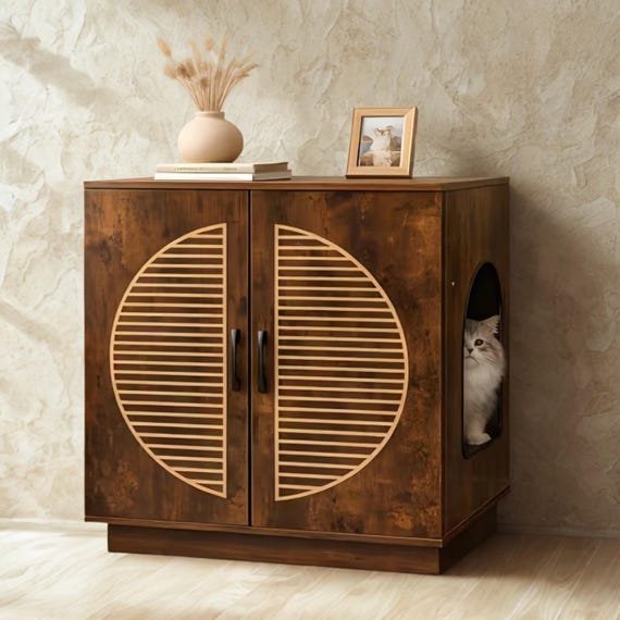 Wooden Cat Litter Box Enclosure | Hidden Pet Furniture Cabinet, Side Table Organizer