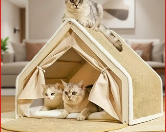 Semi Enclosed Cat House with Scratching Pad | Sisal Cat  Indoor Bed