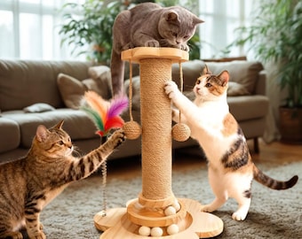 Torre vertical de madera para gatos con rascador de sisal / Muebles para gatos que ahorran espacio
