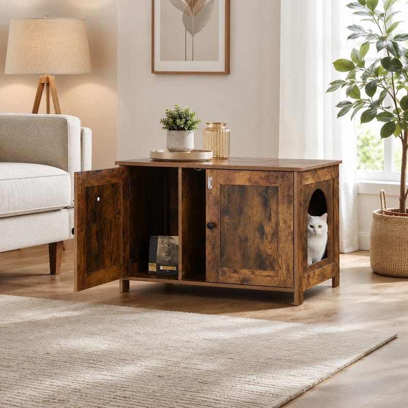 Wooden Cat Litter Box Enclosure | Hidden Pet Furniture Cabinet, Side Table Organizer image 1