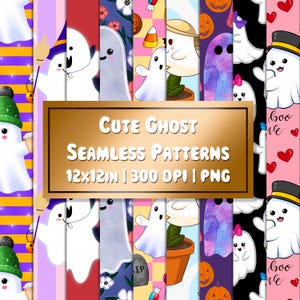 May include: A collection of colorful seamless patterns featuring cute ghost illustrations. The patterns include ghosts with hats, pumpkins, and hearts. The text on the image reads "Cute Ghost Seamless Patterns 12x12in | 300 DPI | PNG".