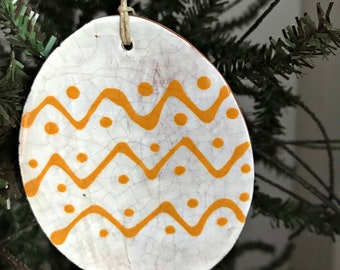 Yellow Zig Zag Easter Egg Redware Pottery Ornament