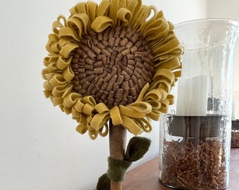 Primitive Hooked Rug Sunflower Make Do on Old Wooden Masher