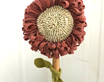 Primitive Folk Art Wool Hooked Rug Flowers for Lucy ~ Early Style