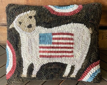 Folk Art Primitive Wool Hooked Rug Lamb With Flag PILLOW