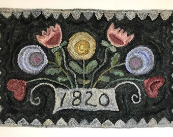 Primitive Folk Art Wool Hooked Rug Flowers for Lucy ~ Early Style