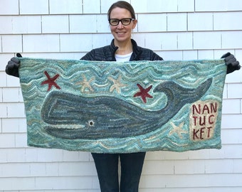 American Folk Art Primitive Wool Hooked Rug ~ Nantucket Whale