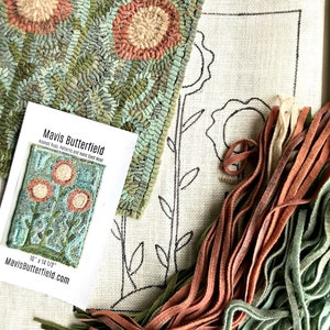 RUG HOOKING KIT Primitive Flowers on Linen with Hand Dyed Wool image 1