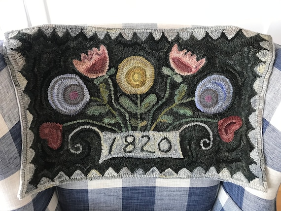 Primitive Folk Art Wool Hooked Rug Flowers for Lucy ~ Early Style