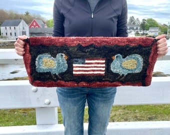 Hazel's Hens With Their American Flag Folk Art Primitive Wool Hooked Rug