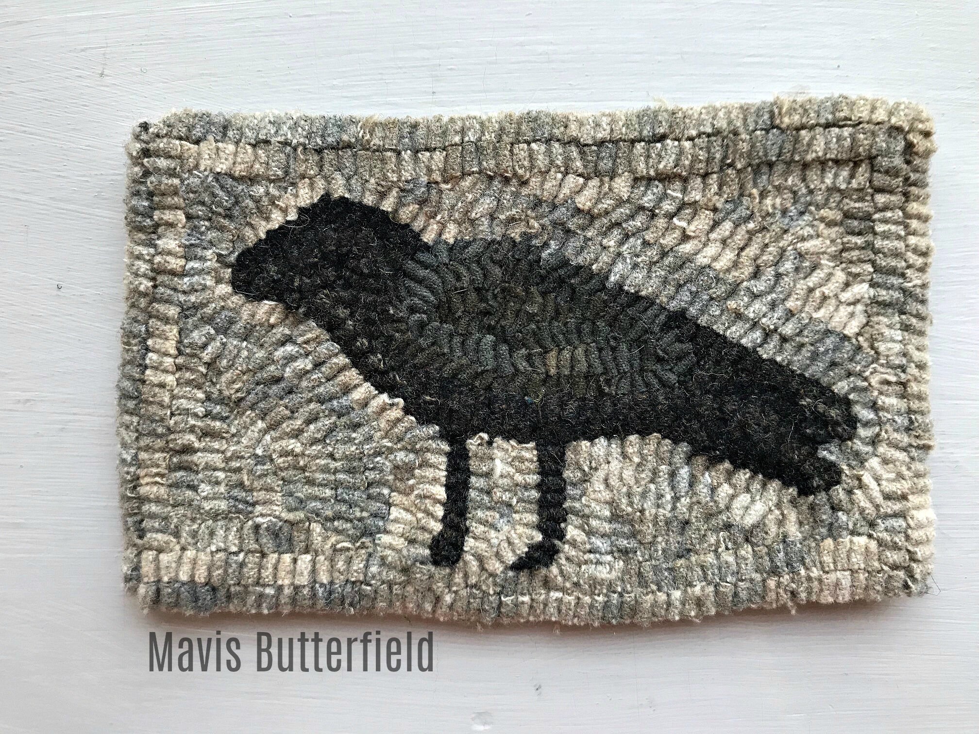 Primitive Folk Art Wool Hooked Rug Old Crow Early Style