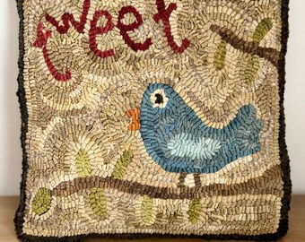 Primitive Wool Folk Art Hooked Rug Blue Bird Pillow