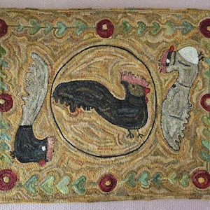 Primitive Folk Art Hooked Rug ~ Three Roosters ~ Early Style
