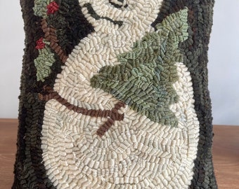 Primitive Folk Art Wool Hooked Rug - Be Merry Snowman Pillow