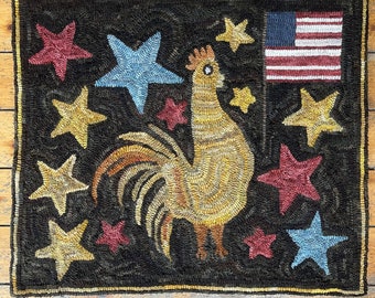 Primitive American Flag Chicken Wool Hooked Rug - Yankee Doodle