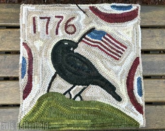 Folk Art Primitive Wool Hooked Rug Old Crow 1776 ~ Early Style ~