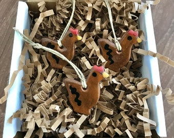 Set of 3 Mini Redware Brown Chicken Pottery Ornaments ~ Primitive Folk Art