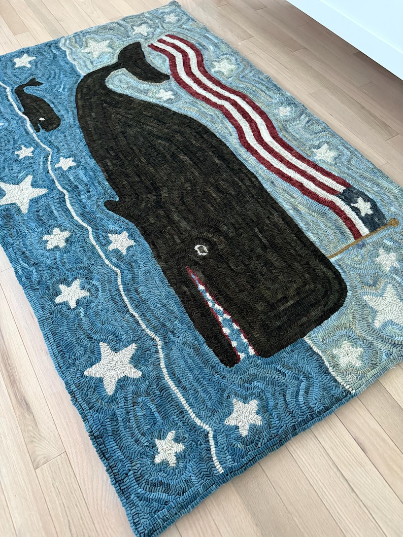 Hand-Dyed Wool Rug: Primitive Folk Art Star Spangled Whale by Mavis Butterfield afbeelding 9