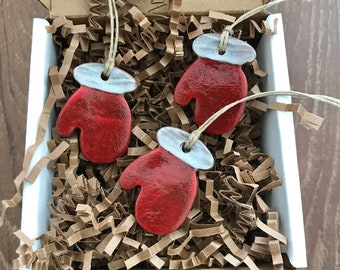 Set of 3 Mini Redware Red Mitten Pottery Ornaments ~ Primitive Folk Art