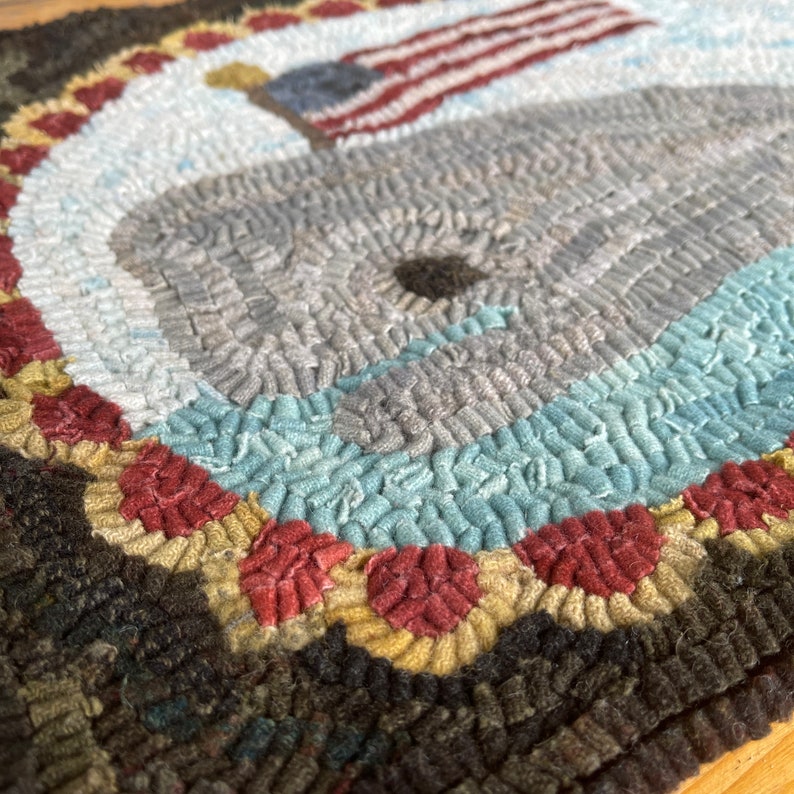 Whale With American Flag Folk Art Primitive Wool Hooked Rug image 2