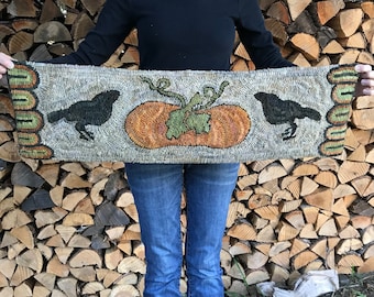 Primitive Folk Art Hooked Rug ~ Pumpkin and Crows Table Runner