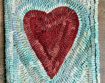 Folk Art Primitive Wool Hooked Heart Rug
