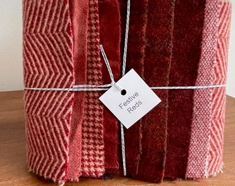 Hand Dyed Wool Fabric, 8 Festive Red Fat Sixteenths {1/16} for Primitive Rug Hooking