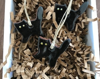 Set of 3 Mini Redware Black Cat Pottery Ornaments ~ Primitive Folk Art