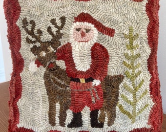 Primitive Folk Art Wool Hooked Rug - Santa and Rudy Pillow