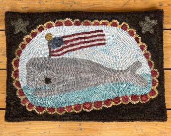 Whale With American Flag Folk Art Primitive Wool Hooked Rug