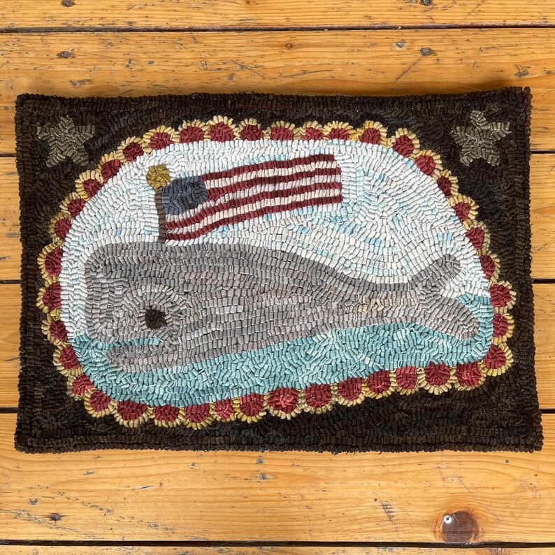 Whale With American Flag Folk Art Primitive Wool Hooked Rug image 1