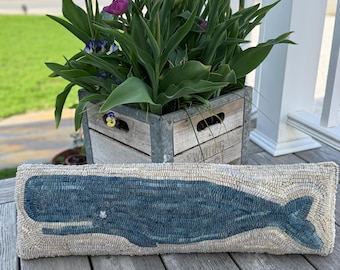 Primitive American Folk Art ~ Wool Hooked Rug Pillow ~ Nantucket Whale ~
