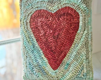 Folk Art Primitive Wool Hooked Rug Pillow ~ Primitive Red Heart ~
