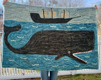 Primitive Folk Art Hooked Wool Rug ~ The Great Black Whale