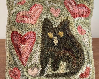 Rug Hooking PATTERN Fat Black Cat With Hearts on Linen